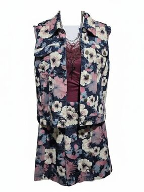 POL Floral Denim Vest, Tank Top and Skirt Set in Navy, Pink & Cream